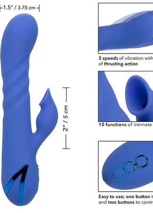 Blauer silikon vibrator und sauger mit gebogenem ergonomischem design und drei steuerknöpfen am griff von calexotics
