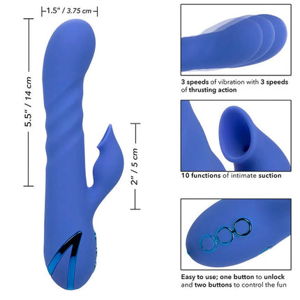 Blauer silikon vibrator und sauger mit gebogenem ergonomischem design und drei steuerknöpfen am griff von calexotics