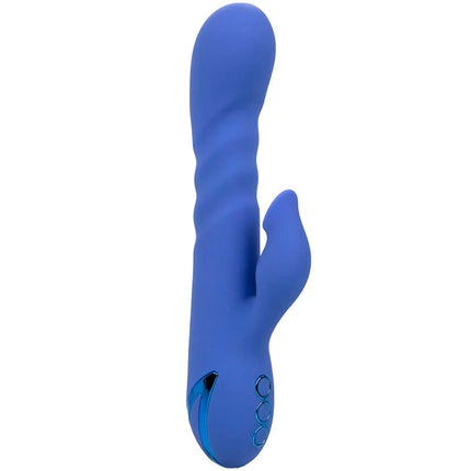 Blauer silikon vibrator in hasenform mit drei runden steuerungstasten von calexotics california dreaming