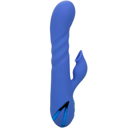 Blauer silikon rabbit-vibrator mit elegantem, geschwungenem design und dezenten blauen akzenten von calexotics