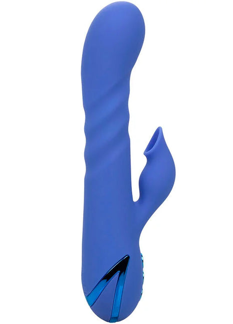 Blauer silikon rabbit-vibrator mit elegantem, geschwungenem design und dezenten blauen akzenten von calexotics