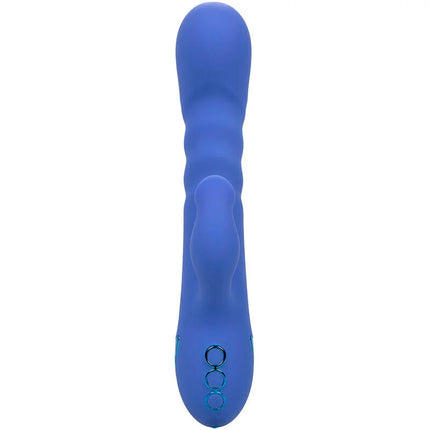 Blauer silikon vibrator und sauger von calexotics la love vibrator mit drei runden steuerungstasten am fuß