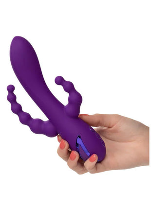 Lila silikon adult toy von calexotics mit gebogenem hauptschaft und zwei strukturierten segmentierten anhängseln