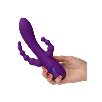 Lila silikon adult toy von calexotics mit gebogenem hauptschaft und zwei strukturierten segmentierten anhängseln