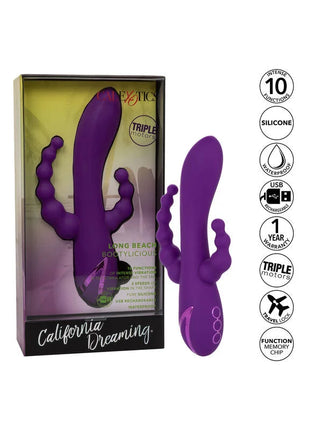 Lila silikon-erwachsenen-Spielzeug mit drei gebogenen zapfen und zentralem schaft im california dreaming design von calexotics