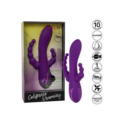 Lila silikon-erwachsenen-Spielzeug mit drei gebogenen zapfen und zentralem schaft im california dreaming design von calexotics