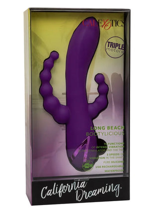 Lila silikon vibrator in kaktusform mit drei strukturierten hervorhebungen und gebogenem griff von calexotics california dreaming