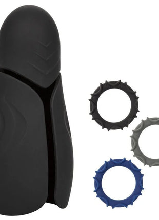 Calexotics masturbator elite pro stroker mit schwarzem silikonflaschenöffner und drei austauschbaren ringkappen in schwarz grau und blau