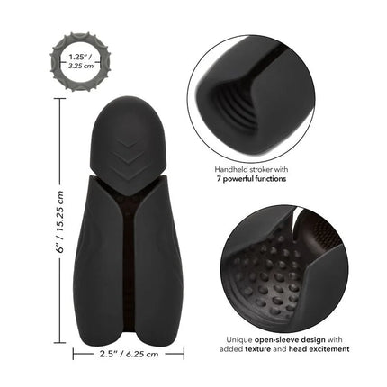 Schwarzer handheld stroker mit ergonomischem design und texturierten oberflächen für intensives gefühl von calexotics