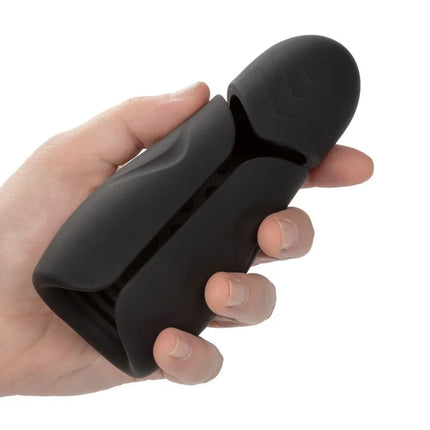 Schwarzes silikonmasturbator-gerät mit abgerundetem kopf und konturiertem körper von calexotics elite pro stroker