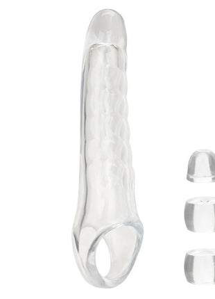 Calexotics maxx penis extender einstellbar klar transparent silikon cockring mit strukturierter oberfläche und drei wechselbaren kappen