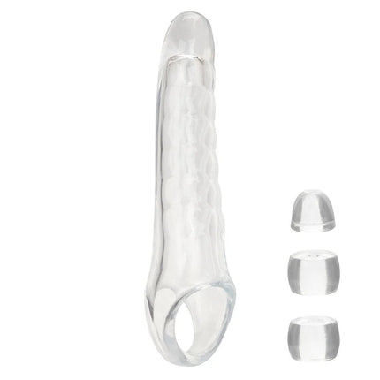 Calexotics maxx penis extender einstellbar klar transparent silikon cockring mit strukturierter oberfläche und drei wechselbaren kappen