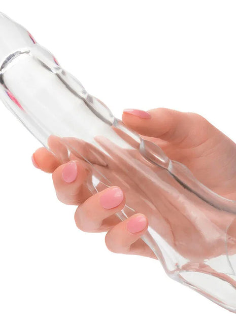 Calexotics maxx penis extender einstellbar klar aus klarglas mit glatter, geschwungener form und dezenten rosa markierungen