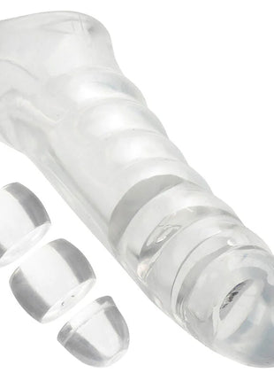 CaleXotics Maxx penis extender einstellbar klar aus transparentem silikon mit strukturierten rippen und drei passenden klaren kappen
