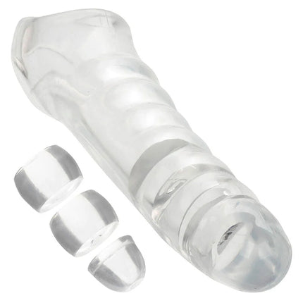 CaleXotics Maxx penis extender einstellbar klar aus transparentem silikon mit strukturierten rippen und drei passenden klaren kappen