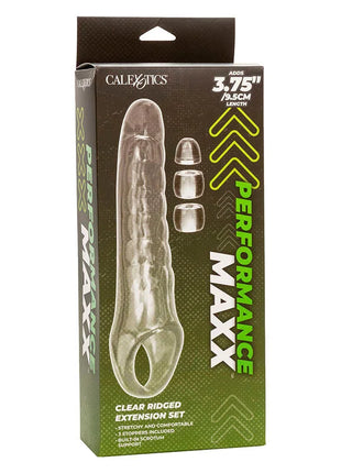 Calexotics maxx penis extender einstellbar klar mit klarer gerippter verlängerung und drei stopfen in grün schwarzer verpackung