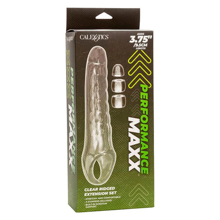 Calexotics maxx penis extender einstellbar klar mit klarer gerippter verlängerung und drei stopfen in grün schwarzer verpackung
