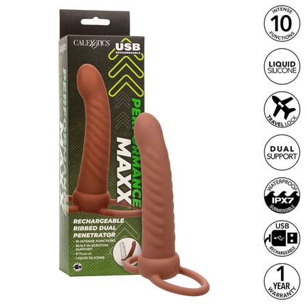 Tan farbener dual penetrator aus flüssigsilikon mit gerippter oberfläche und ring am boden von calexotics performance maxx
