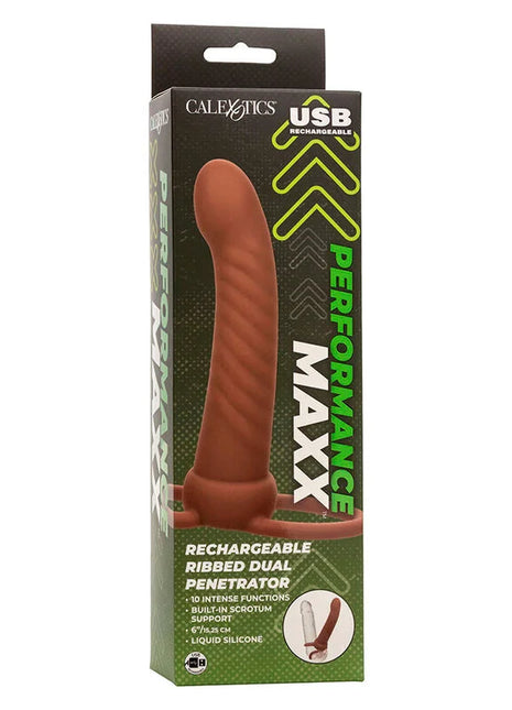 Brauner silikon aufladbarer maxx gerippter dual penetrator mit 10 vibrationen und integriertem skrotal support von calexotics