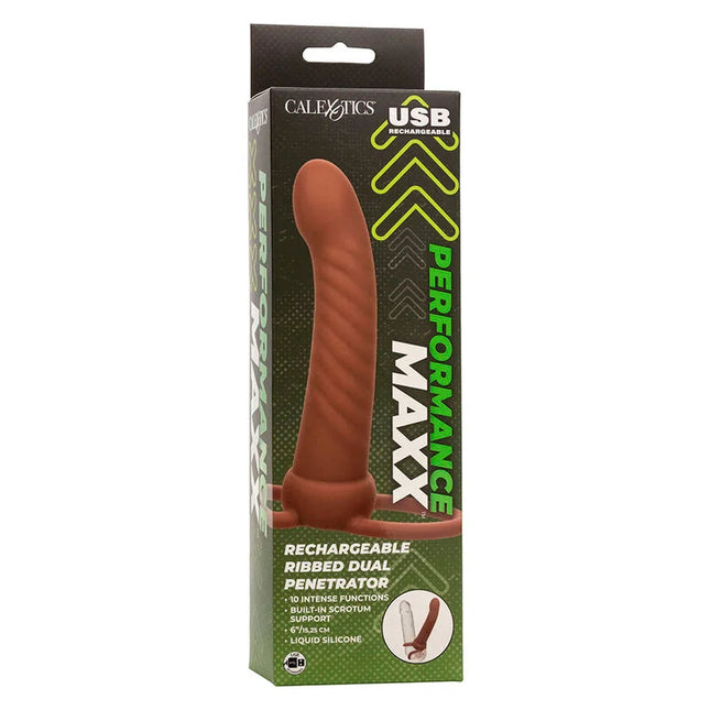 Brauner silikon aufladbarer maxx gerippter dual penetrator mit 10 vibrationen und integriertem skrotal support von calexotics