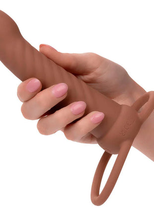 Tan silikon dildo mit strukturierter oberfläche und ring, calexotics maxx gerillter dual penetrierer 10 vibrationen braun