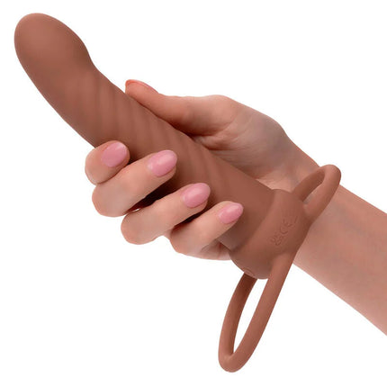 Tan silikon dildo mit strukturierter oberfläche und ring, calexotics maxx gerillter dual penetrierer 10 vibrationen braun