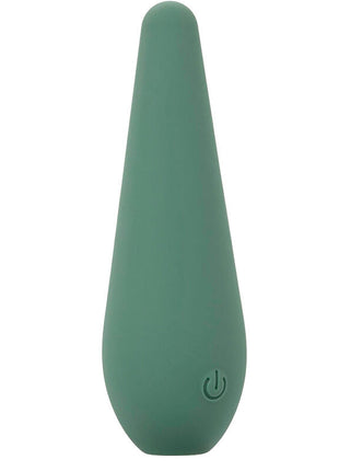 A sleek matte sage green silicone stimulator with smooth teardrop shape and embossed power button from CalExotics
