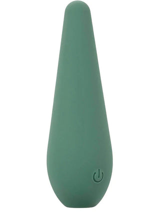 A sleek matte sage green silicone stimulator with smooth teardrop shape and embossed power button from CalExotics