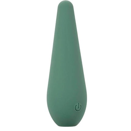 A sleek matte sage green silicone stimulator with smooth teardrop shape and embossed power button from CalExotics