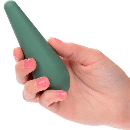 Ein eleganter matte grüner silikonstimulator mit konischem design und subtiler struktur von calexotics mod chic