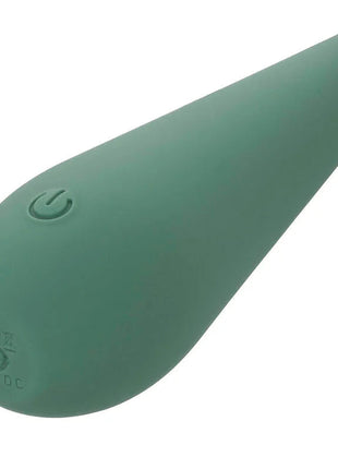 Ein eleganter, mattgrüner silikon-vibrator in tropfenform mit power-knopf und prüfzeichen am runden boden