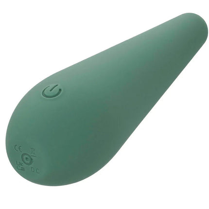 Ein eleganter, mattgrüner silikon-vibrator in tropfenform mit power-knopf und prüfzeichen am runden boden
