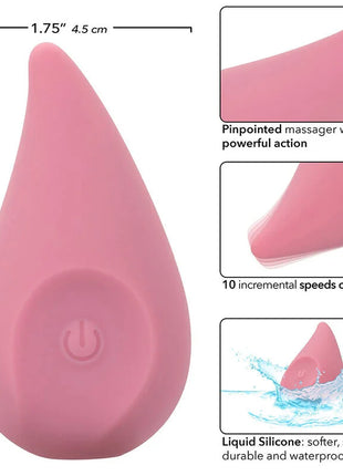 Pink teardropförmiger silikonvibrator mit power-knopf an der basis von calexotics mod flair stimulator rosa