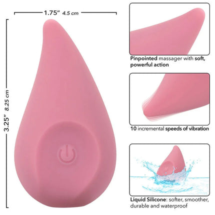 Pink teardropförmiger silikonvibrator mit power-knopf an der basis von calexotics mod flair stimulator rosa