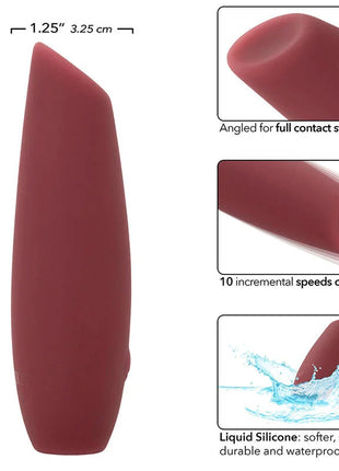 A sleek matte burgundy silicone vibrator with angled tip and 10 vibration speeds from CalExotics Mod Tilt Stimulator Rot