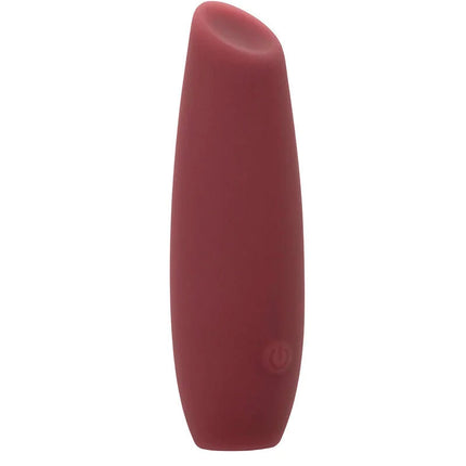 Ein schlanker, matt rosaroter silikonvibrator mit glattem, konischem design und dezentem power-knopf von calexotics mod tilt stimulator rot