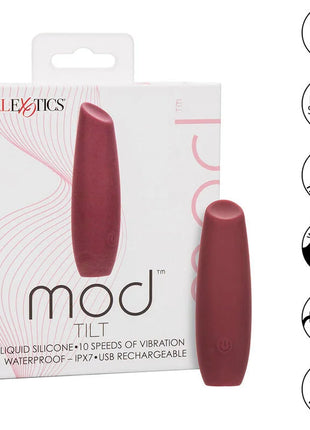 Calexotics mod tilt stimulator rot ist ein matt burgunderfarbener vibrator aus flüssigsilikon mit glattem, konischem design und ein- und ausschaltknopf am boden