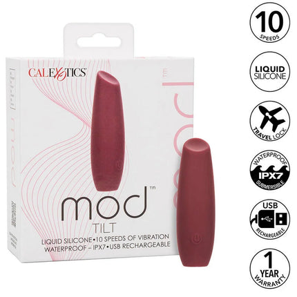 Calexotics mod tilt stimulator rot ist ein matt burgunderfarbener vibrator aus flüssigsilikon mit glattem, konischem design und ein- und ausschaltknopf am boden