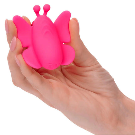 Ein lebhaftes rosa silikon schmetterlingsspielzeug mit zwei antennen der calexotics neon vibes der flutter vibe stimulator mit 10 vibrationen