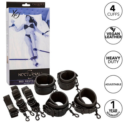 Black veganleder bettfessel set von calexotics mit vier verstellbaren manschetten und verbindungsriemen