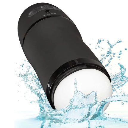Schwarzer zylindrischer adult toy von calexotics mit weißem luftauslassknopf und mattem finish für vibrations- und saugfunktion