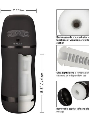 Schwarzer silikon wiederaufladbarer masturbrator mit weißen inneren komponenten und abnehmbarem sleeve von calexotics optimal power stroker vibrations und saugfunktionen
