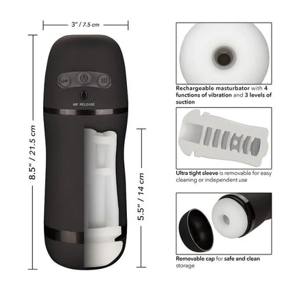 Schwarzer silikon wiederaufladbarer masturbrator mit weißen inneren komponenten und abnehmbarem sleeve von calexotics optimal power stroker vibrations und saugfunktionen