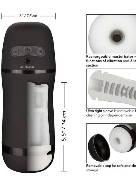 Schwarzer silikon wiederaufladbarer masturbrator mit weißen inneren komponenten und abnehmbarem sleeve von calexotics optimal power stroker vibrations und saugfunktionen