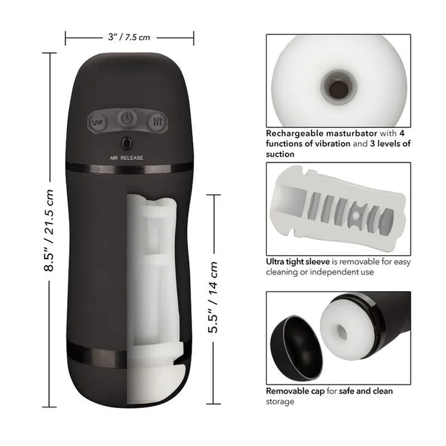 Schwarzer silikon wiederaufladbarer masturbrator mit weißen inneren komponenten und abnehmbarem sleeve von calexotics optimal power stroker vibrations und saugfunktionen