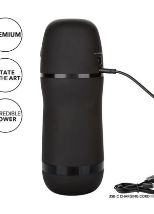 Schwarzer mattsilberner cylindrischer erwachsenenspielzeug mit zwei glänzenden bändern von calexotics optimum power stroker vibrations und saugfunktionen