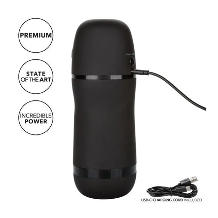 Schwarzer mattsilberner cylindrischer erwachsenenspielzeug mit zwei glänzenden bändern von calexotics optimum power stroker vibrations und saugfunktionen