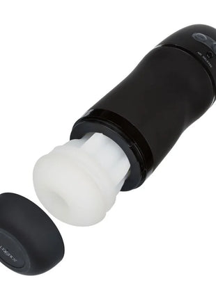 Calexotics optimum power stroker vibrations und saugfunktionen schwarzes kunststoffspielzeug mit weißem silikonkopf und bedientasten oben
