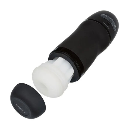 Calexotics optimum power stroker vibrations und saugfunktionen schwarzes kunststoffspielzeug mit weißem silikonkopf und bedientasten oben