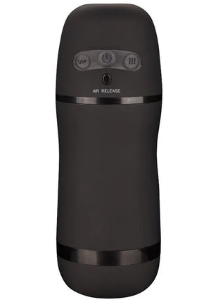 Black mattes handheldgerät mit silbernen akzentbändern und steuerknöpfen calexotics optimum power stroker vibrations und saugfunktionen